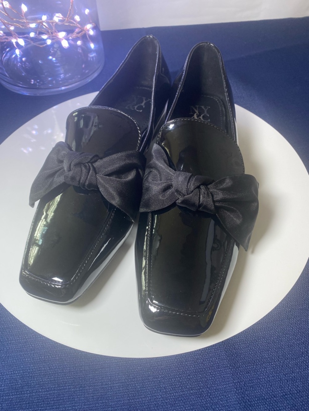 New York & Company Black Patent Bow Loafers